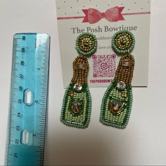 Mint Green Seed Beaded Champagne Bottle Statement Drop Earrings - Picture 5 of 11